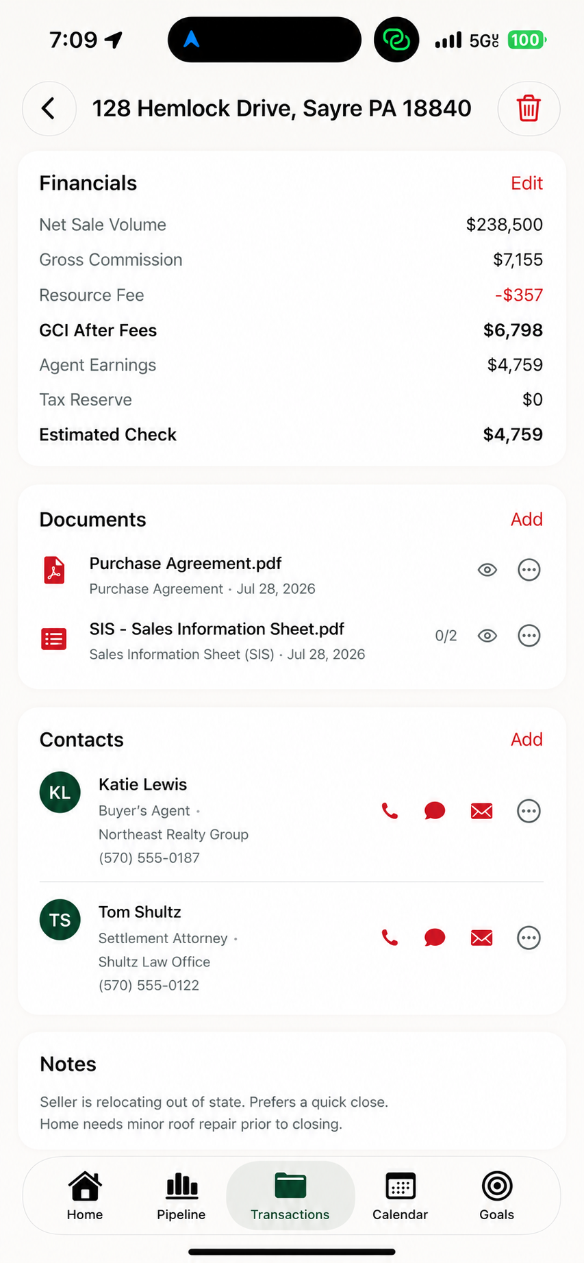DealTrackr transaction financials and documents