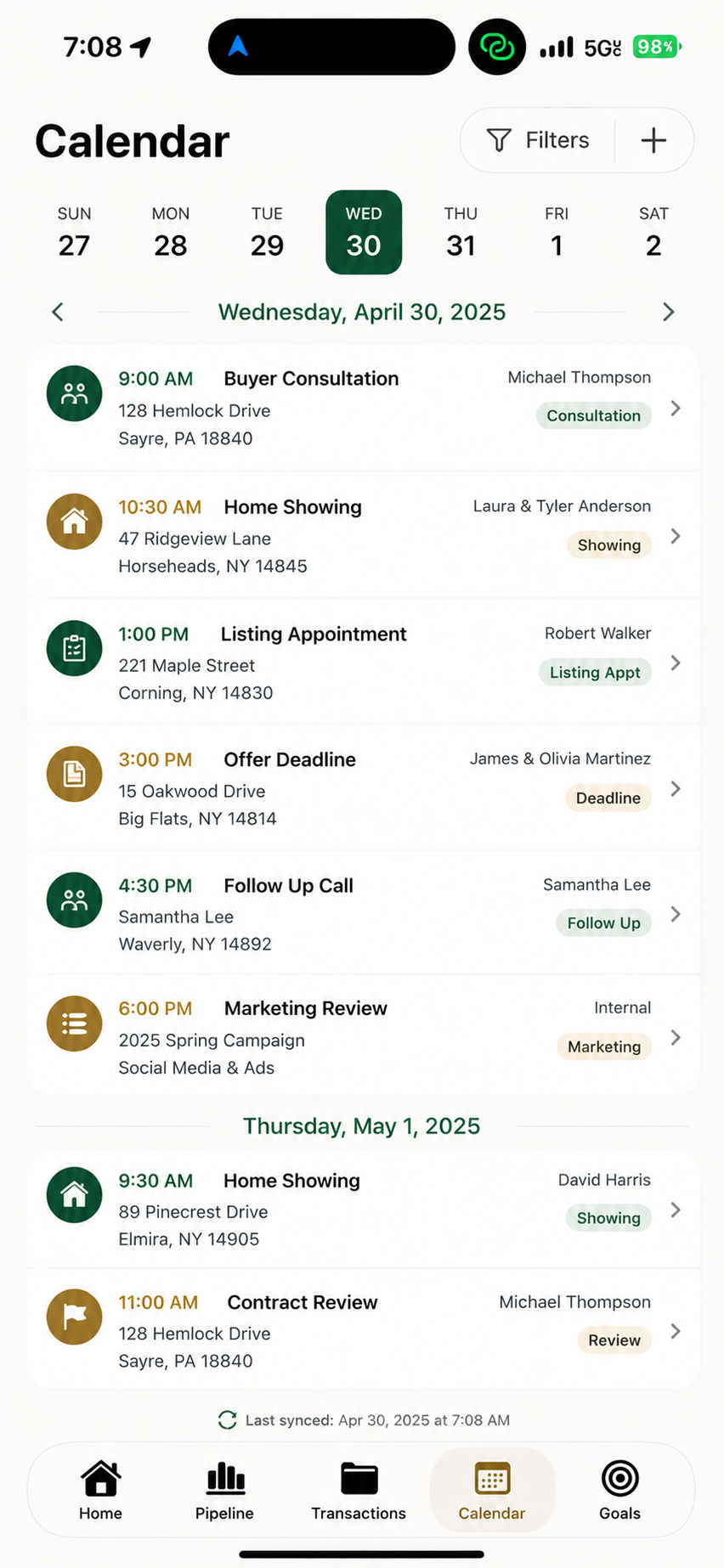 DealTrackr calendar agenda