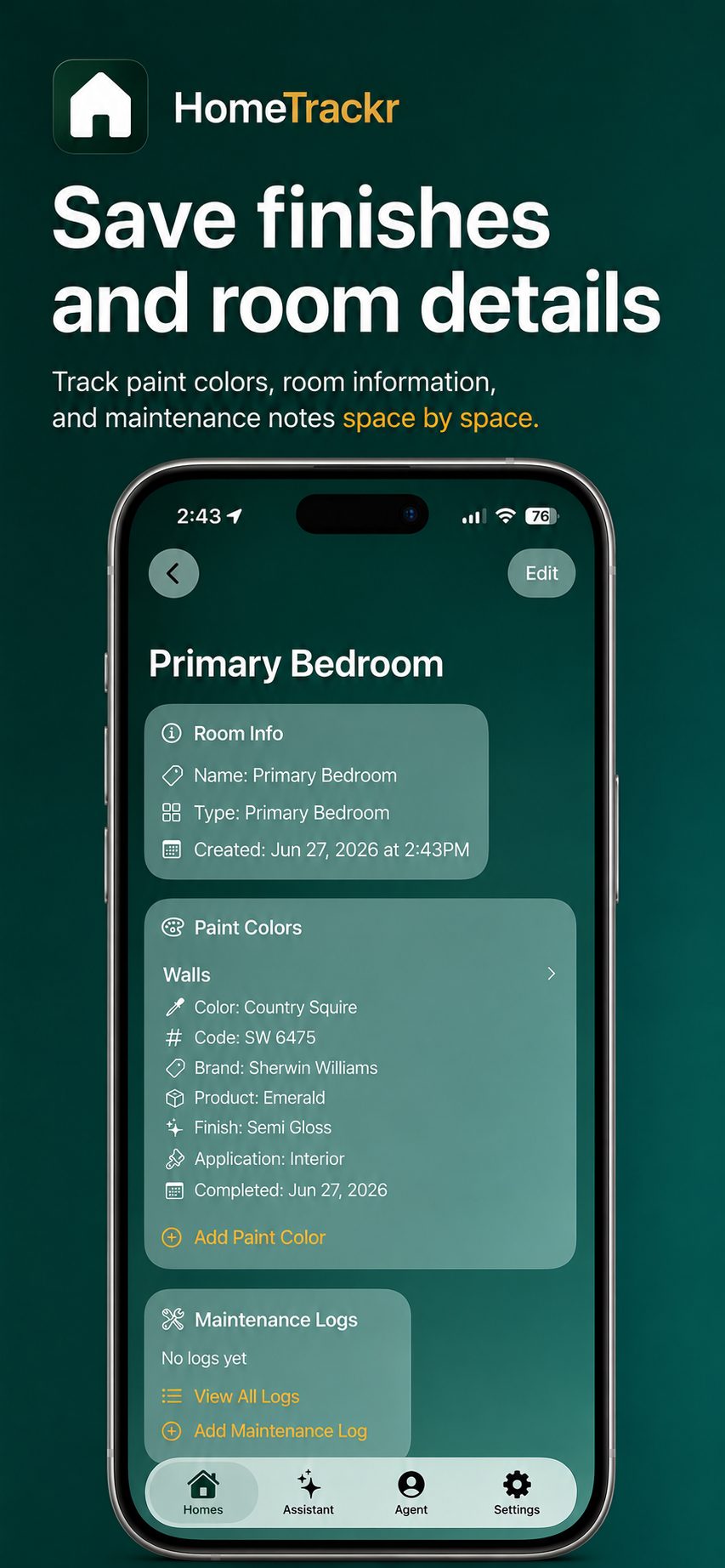 HomeTrackr room details and paint preview