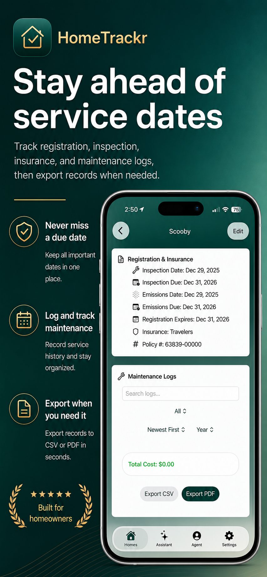 HomeTrackr service dates preview
